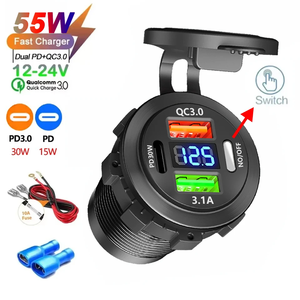 Car Charger Socket 30W PD 22.5W QC3.0 Fast Charging Outlet Power Adapter with Voltmeter Waterproof 12V-24V for Motorcycle Boat
Car Charger Socket 30W PD 22.5W QC3.0 Fast Charging Outlet Power Adapter with Voltmeter Waterproof 12V-24V for Motorcycle Boat