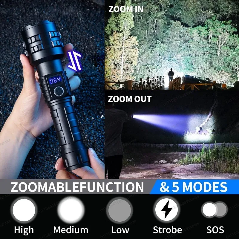 White Laser Flashlight Zoomable Aluminum Digital Display Rechargeable Ultra Bright Long Range for Outdoor Camping Emergency
White Laser Flashlight Zoomable Aluminum Digital Display Rechargeable Ultra Bright Long Range for Outdoor Camping Emergency