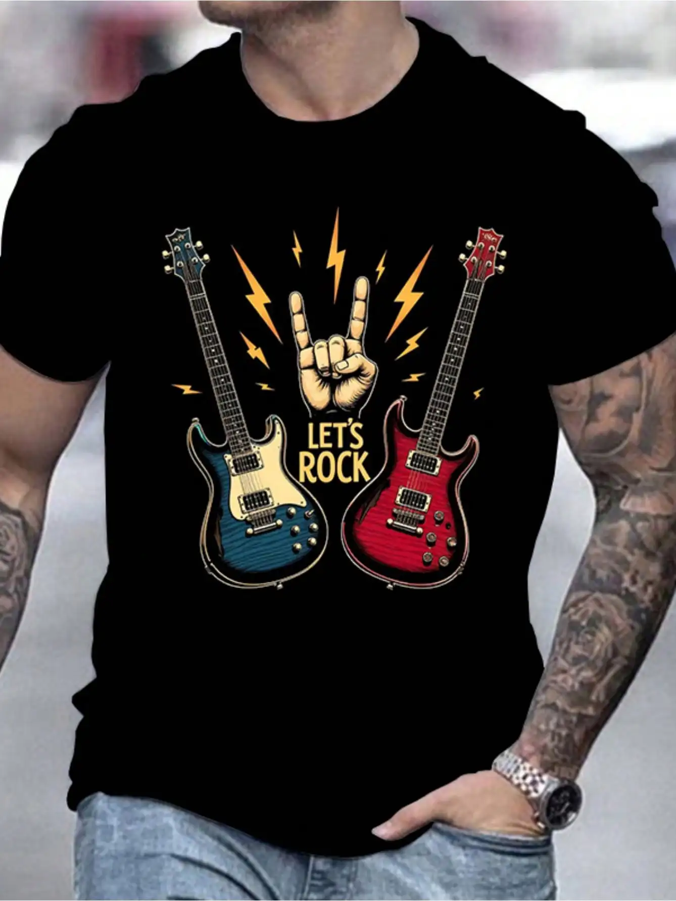 Men'S Casual "Let'S Rock" Guitar Print T-Shirt, 100% Polyester Crew Neck Short Sleeve Top, Summer Knit Fabric With Slight Stretc
Men'S Casual "Let'S Rock" Guitar Print T-Shirt, 100% Polyester Crew Neck Short Sleeve Top, Summer Knit Fabric With Slight Stretc
