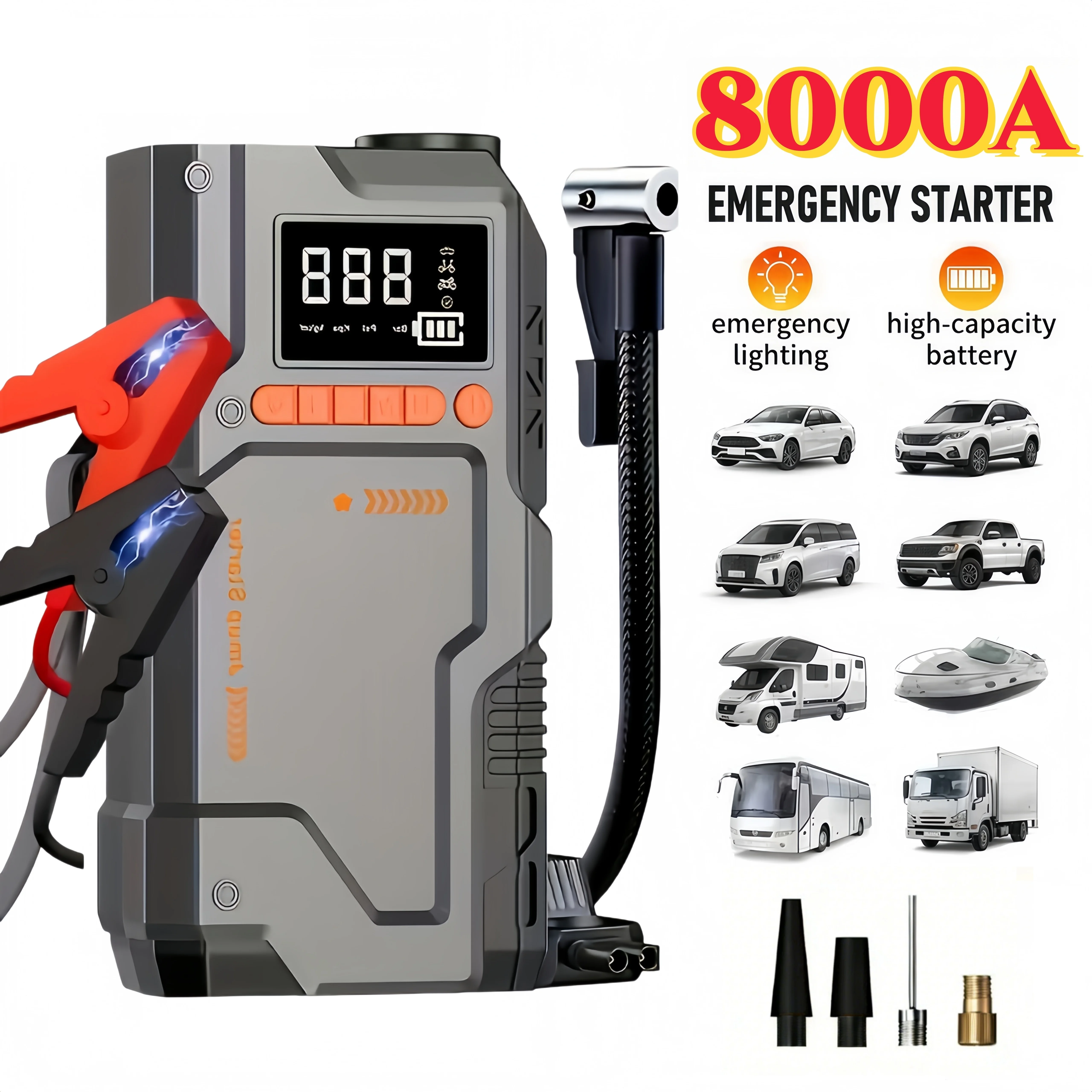 Multifunctional automatic tire inflator for cars (including tire pressure monitor, battery starter, and flashlight)
Multifunctional automatic tire inflator for cars (including tire pressure monitor, battery starter, and flashlight)