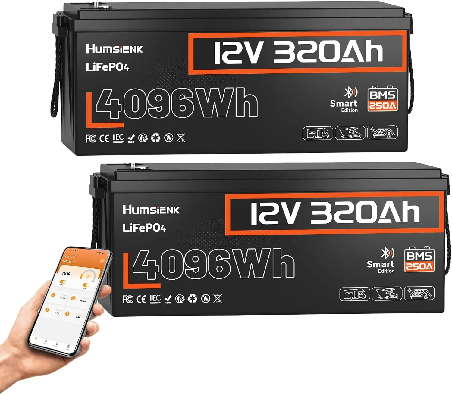 HumsiENK 12V 320Ah (2 Pack) LiFePO4 Lithium Battery with Bluetooth, 250A BMS,15000+Cycles 300Ah LiFePO4 Battery, IP65 & Low
HumsiENK 12V 320Ah (2 Pack) LiFePO4 Lithium Battery with Bluetooth, 250A BMS,15000+Cycles 300Ah LiFePO4 Battery, IP65 & Low