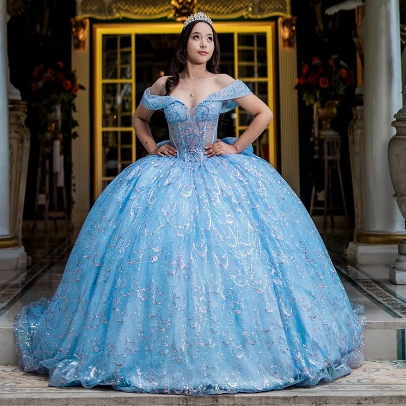 Sky Blue Shiny Quinceanera Dresses Ball Gown Off Shoulder Sequin Applique Beading Crystal Tull Birthday Payty Sweet 16 Dress
Sky Blue Shiny Quinceanera Dresses Ball Gown Off Shoulder Sequin Applique Beading Crystal Tull Birthday Payty Sweet 16 Dress