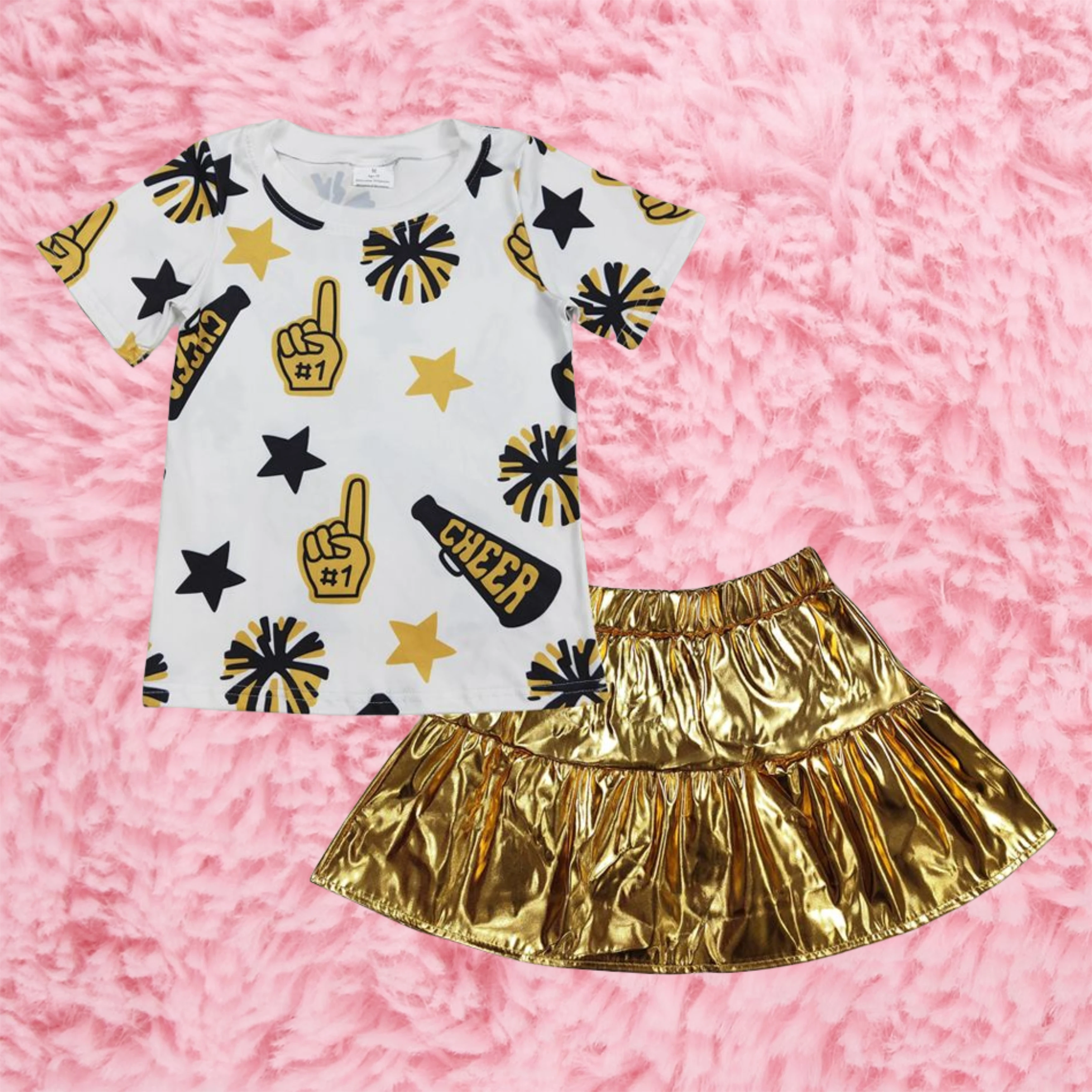 Wholesale Baby Girl Short Sleeves Cheer Shirt Infant Gold Leather Elastic Skirt Set Toddler Children Outfit Boutique Clothes
Wholesale Baby Girl Short Sleeves Cheer Shirt Infant Gold Leather Elastic Skirt Set Toddler Children Outfit Boutique Clothes