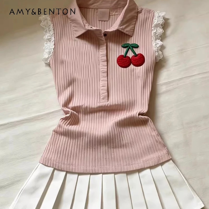2026 Spring Summer Cute Fruit Embroidery Sleeveless Polo Collar Women's Top Color French Design Slim Versatile T-Shirts Ladies
2026 Spring Summer Cute Fruit Embroidery Sleeveless Polo Collar Women's Top Color French Design Slim Versatile T-Shirts Ladies