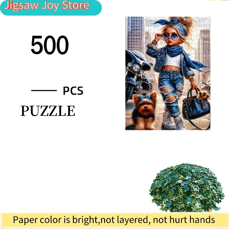 Girl, Fashion Glasses, Headscarf, Denim Jacket, Ripped Jeans, Sneakers, Handbag, Puppy, Motorcycle, City Building Puzzle 500pc
Girl, Fashion Glasses, Headscarf, Denim Jacket, Ripped Jeans, Sneakers, Handbag, Puppy, Motorcycle, City Building Puzzle 500pc