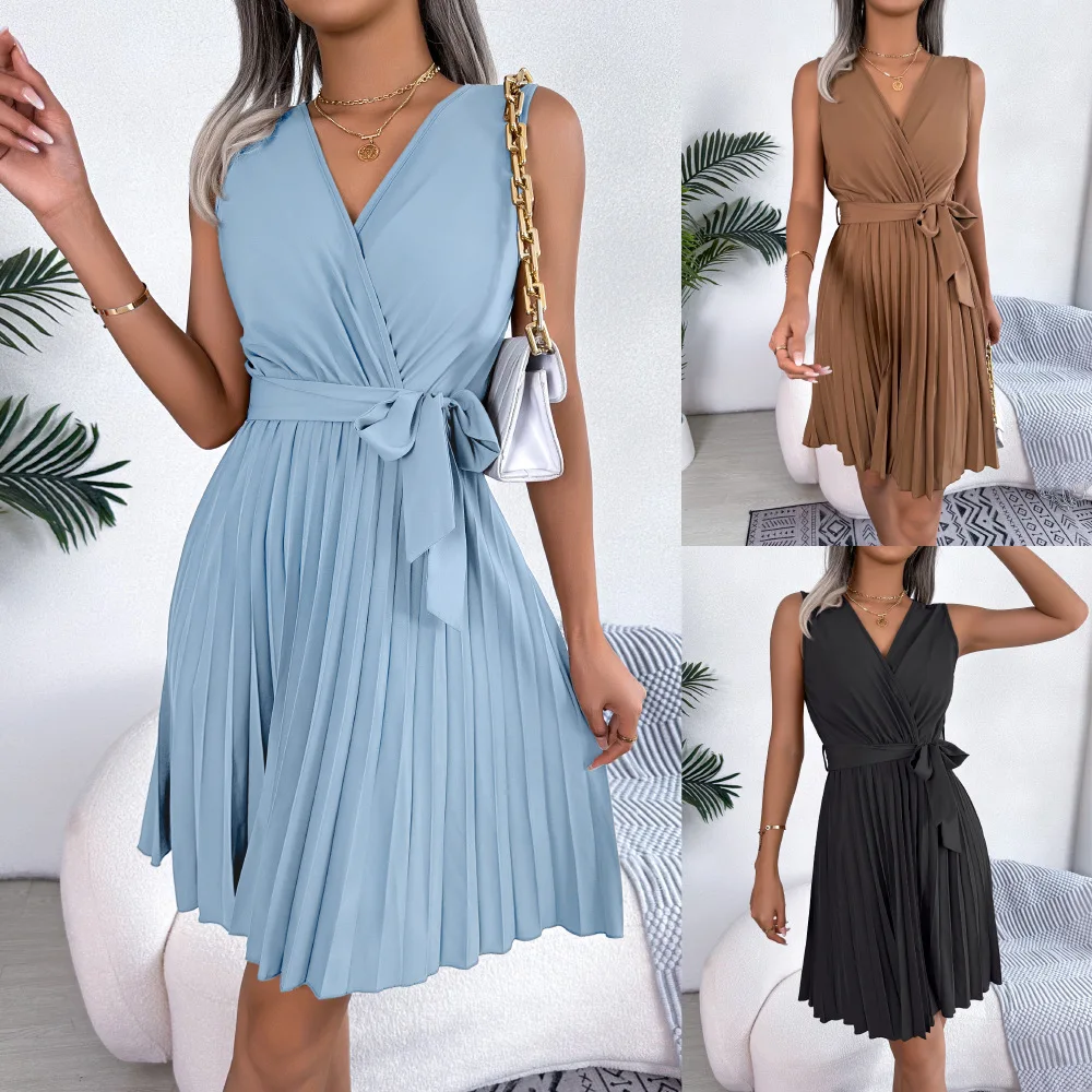Temperament Cross V-neck Waist Pleated A-line Skirt Fashion High Waist Lace-up Dress Commuting Solid Sleeveless Women's Clothing
Temperament Cross V-neck Waist Pleated A-line Skirt Fashion High Waist Lace-up Dress Commuting Solid Sleeveless Women's Clothing