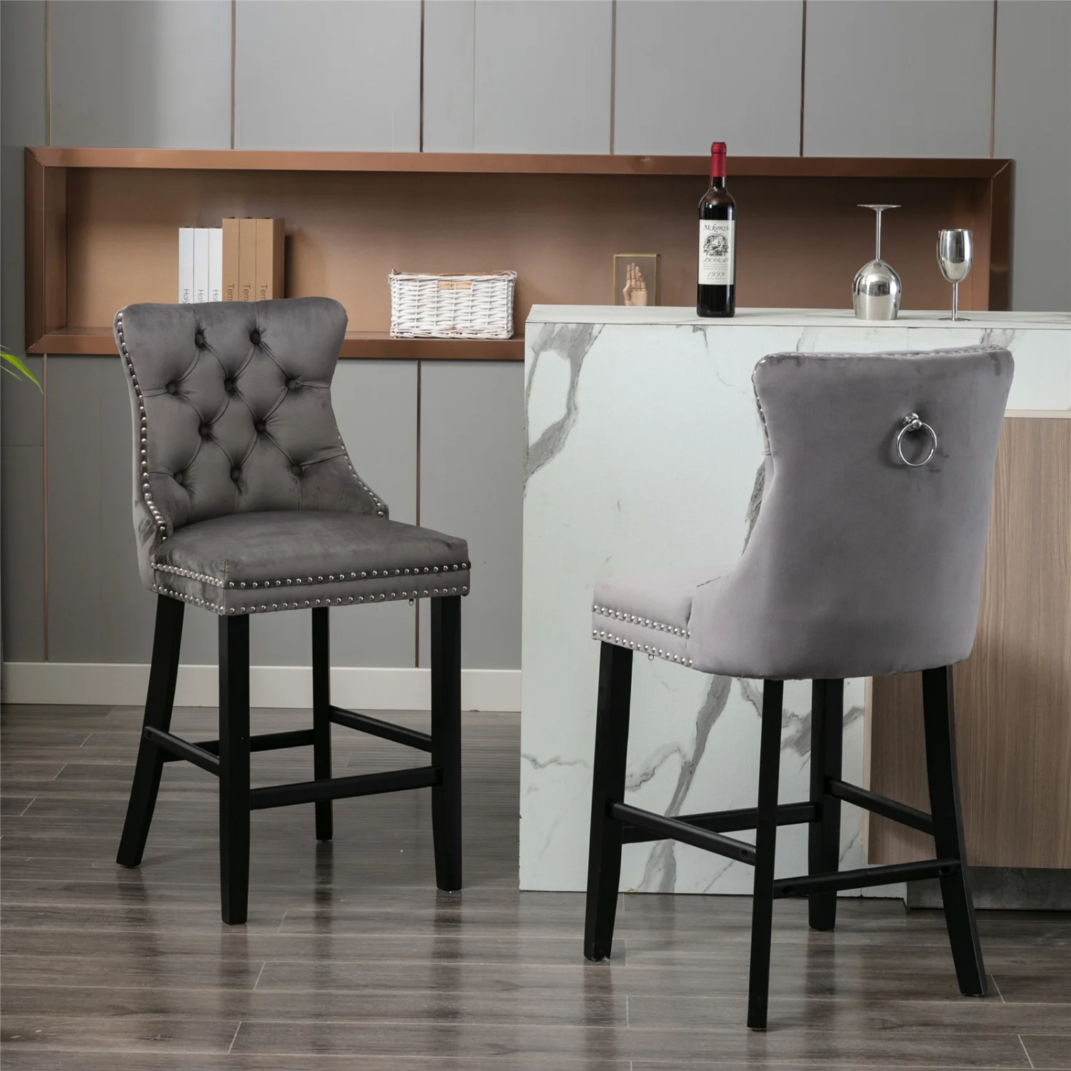 Velvet Upholstered Barstools with Wooden Legs and Chrome Nailhead Trim Set of 2 Gray
Velvet Upholstered Barstools with Wooden Legs and Chrome Nailhead Trim Set of 2 Gray