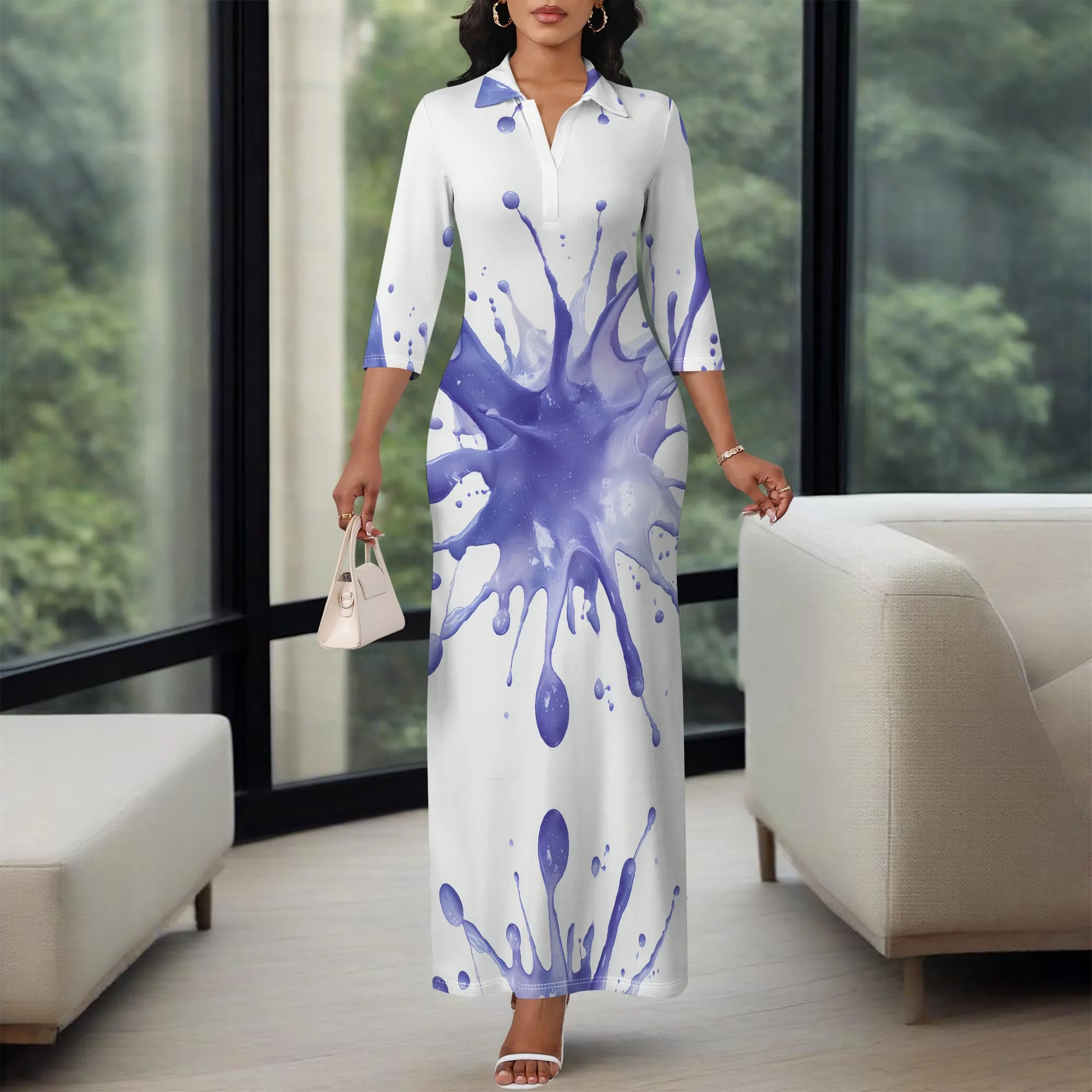 Purple Ink Splash Maxi Dress XS-3XL Polo Neck Style with 3/4 Sleeve for Art Gallery, Creative Festival or Spring Street Look
Purple Ink Splash Maxi Dress XS-3XL Polo Neck Style with 3/4 Sleeve for Art Gallery, Creative Festival or Spring Street Look