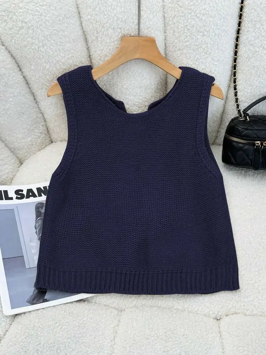 Navy Blue Knit Sleeveless Vest with Dual White Satin Bows
Navy Blue Knit Sleeveless Vest with Dual White Satin Bows