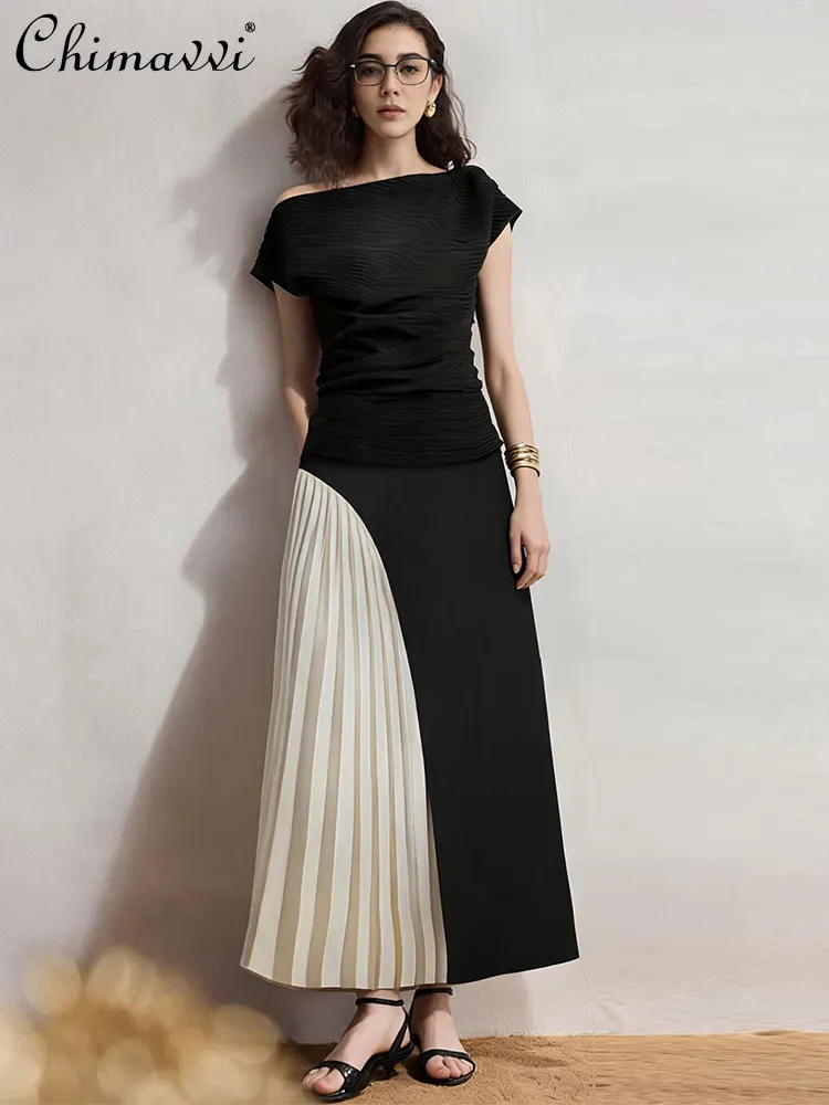 2026 Summer French Elegant Temperament Single Shoulder Short-sleeved T-shirt High Waist Pleated Long Skirts Two-piece Set Women
2026 Summer French Elegant Temperament Single Shoulder Short-sleeved T-shirt High Waist Pleated Long Skirts Two-piece Set Women