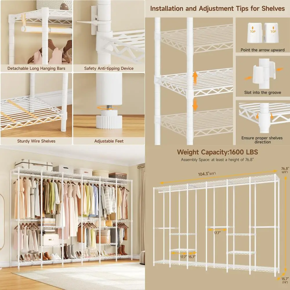 Large Heavy-Duty Metal Clothes Rack with Adjustable Shelves and Hanging Rods, Portable White Wardrobe Organizer
Large Heavy-Duty Metal Clothes Rack with Adjustable Shelves and Hanging Rods, Portable White Wardrobe Organizer