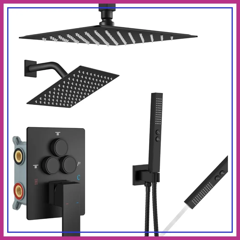 Ceiling Mount Shower Faucet Set 10" & 6" Dual Shower Head System with Rough-In Valve, Push Button Diverter, Handheld Spray, Matte Black
Ceiling Mount Shower Faucet Set 10" & 6" Dual Shower Head System with Rough-In Valve, Push Button Diverter, Handheld Spray, Matte Black