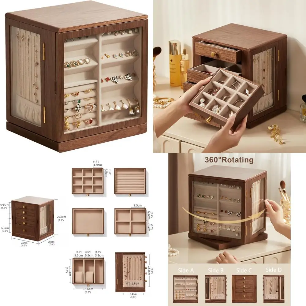 360 Degree Rotating Walnut Wood Jewelry Box with 5 Drawers for Women's Rings, Necklaces, Earrings, and Bracelets
360 Degree Rotating Walnut Wood Jewelry Box with 5 Drawers for Women's Rings, Necklaces, Earrings, and Bracelets
