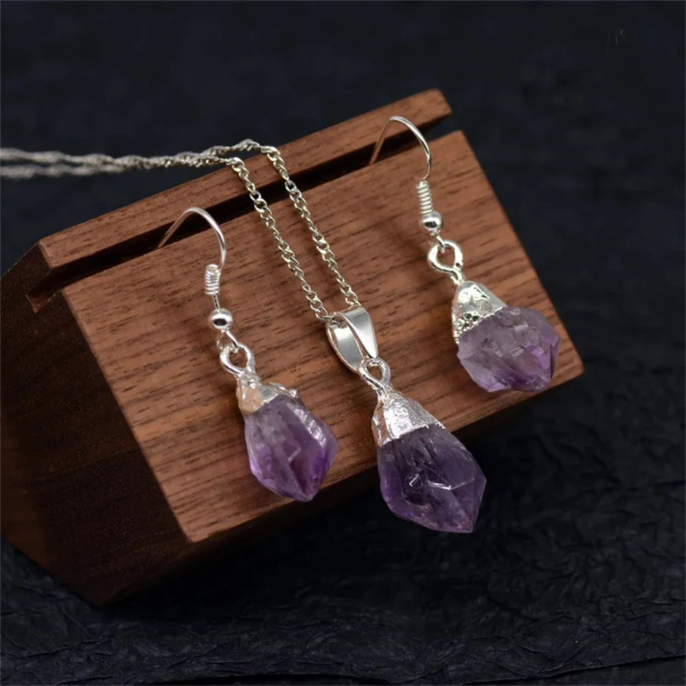 Natural Raw Amethyst Crystal Dangle Earrings Pendant Set for Women Golden Plated Cap Healing Crystals Sacral Chakra Necklace Kit
Natural Raw Amethyst Crystal Dangle Earrings Pendant Set for Women Golden Plated Cap Healing Crystals Sacral Chakra Necklace Kit