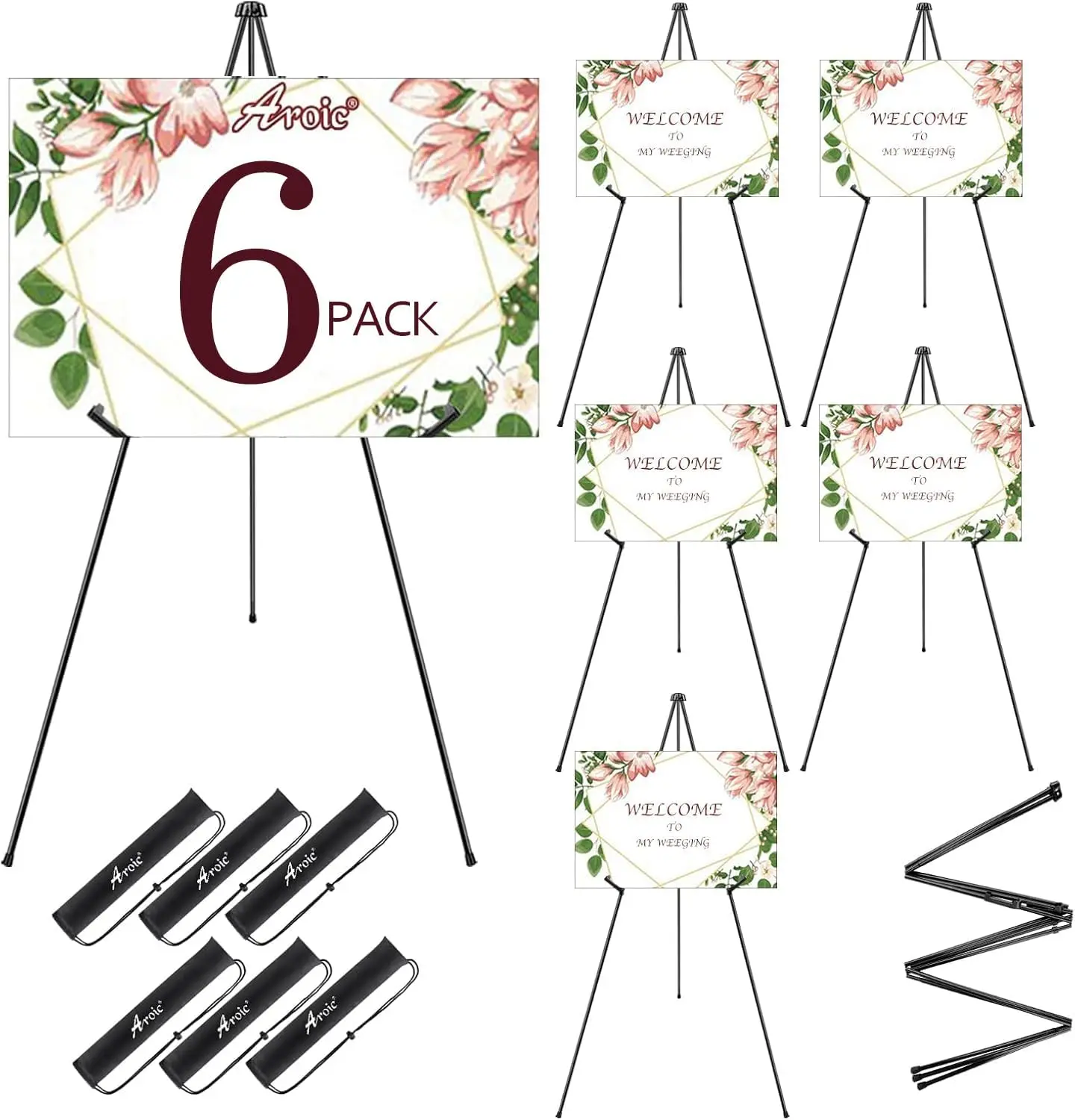 63" Portable Folding Metal Easel Stand, 6 Pack with Storage Bags for Signs, Art, Wedding Display
63" Portable Folding Metal Easel Stand, 6 Pack with Storage Bags for Signs, Art, Wedding Display