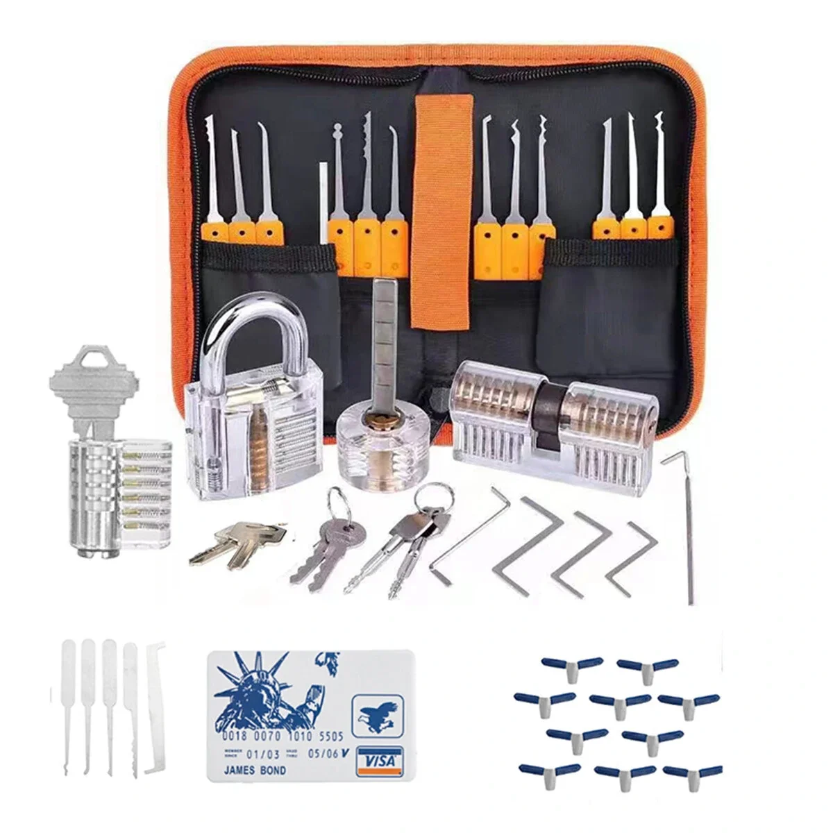 44PCS Orange Picks and Padlocks Set with Spring Steel Tools Transparent Padlocks and Automatic Unlocking Gun
44PCS Orange Picks and Padlocks Set with Spring Steel Tools Transparent Padlocks and Automatic Unlocking Gun