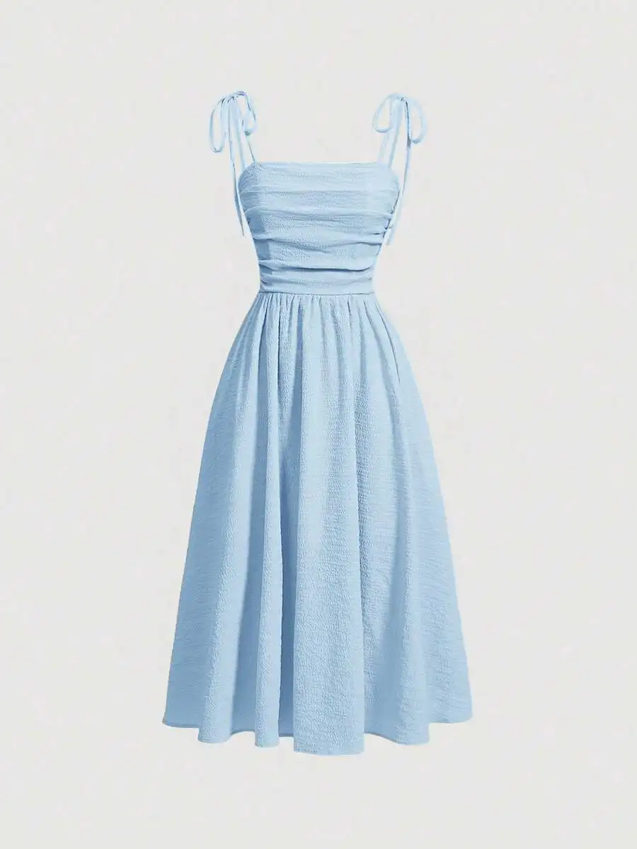 Womens Summer Solid Color Pleated Shoulder Knotted Strap Midi Dress
Womens Summer Solid Color Pleated Shoulder Knotted Strap Midi Dress