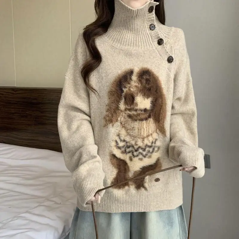 Новый женский вязаный свитер-пуловер с высоким воротником, теплый, милый, большого размера, для зимы
Новый женский вязаный свитер-пуловер с высоким воротником, теплый, милый, большого размера, для зимы
