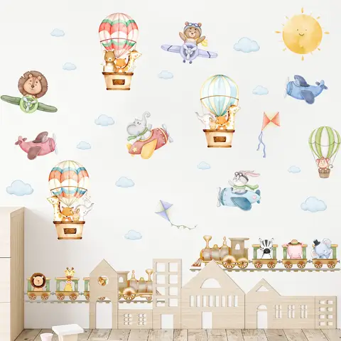 Children's Room Wall Stickers Cartoon Animals on Train Airplane Hot Air Balloon Wall Decals Baby Nursary Kindergarten Decoration