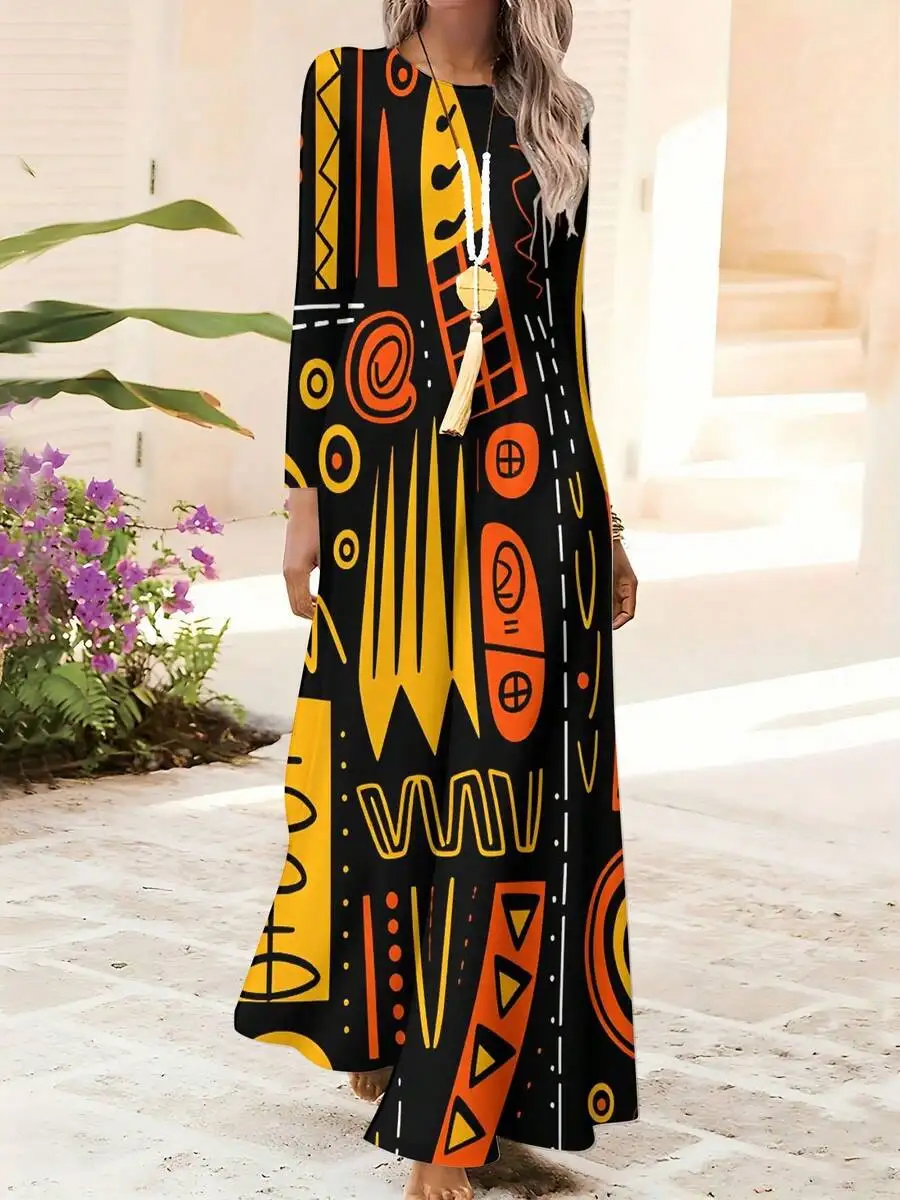 Long Geometric Print Maxi Dress Black Yellow Orange Casual Resort Beach Dress
Long Geometric Print Maxi Dress Black Yellow Orange Casual Resort Beach Dress