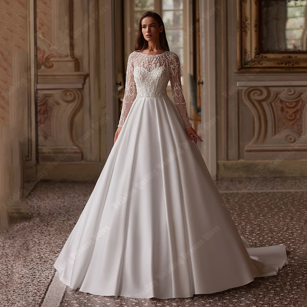 Romantic A-Line Wedding Dresses For Women Smooth Satin Finish Bridal Gowns Sexy Lace Long Sleeves Vestidos De Novias Customized
Romantic A-Line Wedding Dresses For Women Smooth Satin Finish Bridal Gowns Sexy Lace Long Sleeves Vestidos De Novias Customized