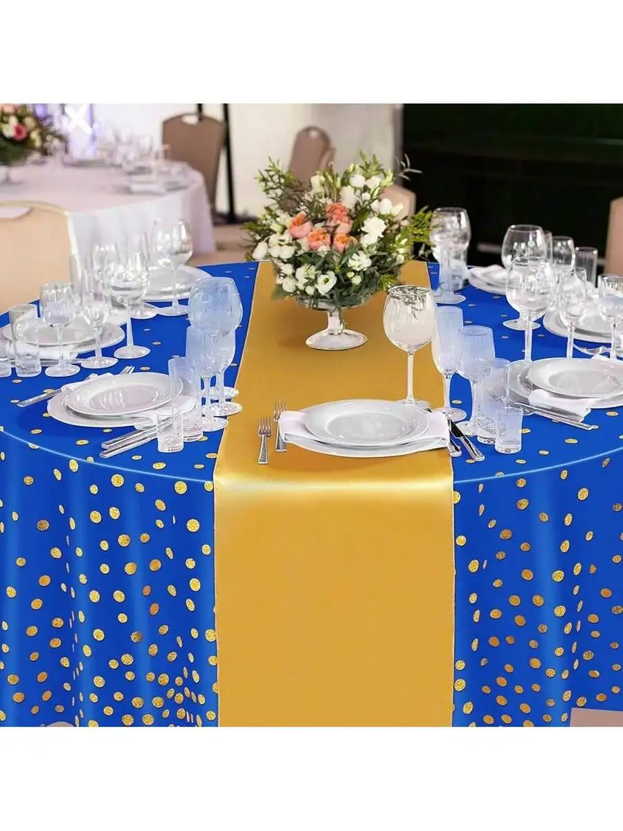 4 Sets 84 Inch Blue Gold Polka Dot Round Disposable Tablecloths With Satin Table Runner For Wedding Party Banquet
4 Sets 84 Inch Blue Gold Polka Dot Round Disposable Tablecloths With Satin Table Runner For Wedding Party Banquet