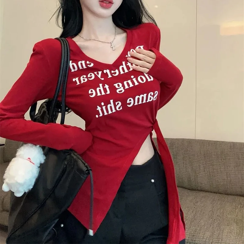 Red Irregular Chic Pullover Tee Women Long Sleeved Slim Sexy Letter Tops Fashion Harajuku Y2K Side Split Tie Hiphop Blouse
Red Irregular Chic Pullover Tee Women Long Sleeved Slim Sexy Letter Tops Fashion Harajuku Y2K Side Split Tie Hiphop Blouse
