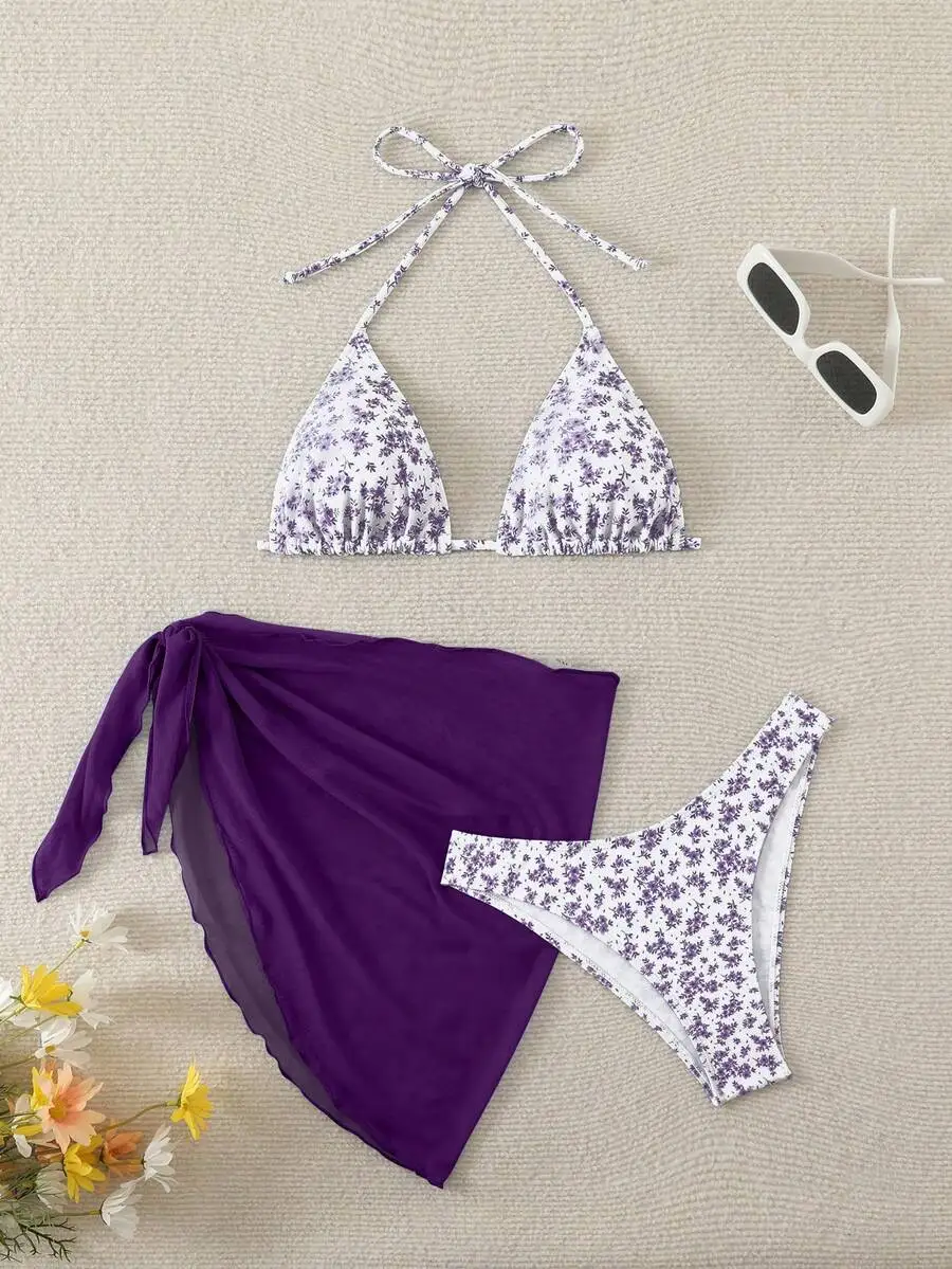 Womens Floral Halter Tie Bikini Set With Purple Cover-Up Skirt
Womens Floral Halter Tie Bikini Set With Purple Cover-Up Skirt