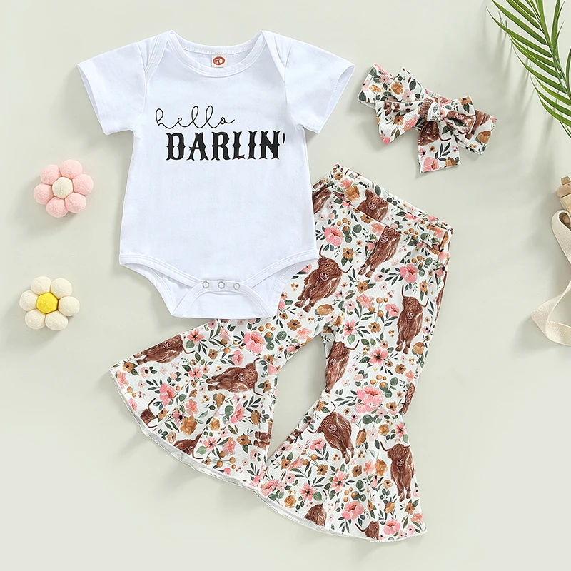 Newborn Clothing Infant Baby Girl Spring Summer Outfits Short Sleeve Romper + Floral Cow Print Flare Pants + Headband Set
Newborn Clothing Infant Baby Girl Spring Summer Outfits Short Sleeve Romper + Floral Cow Print Flare Pants + Headband Set