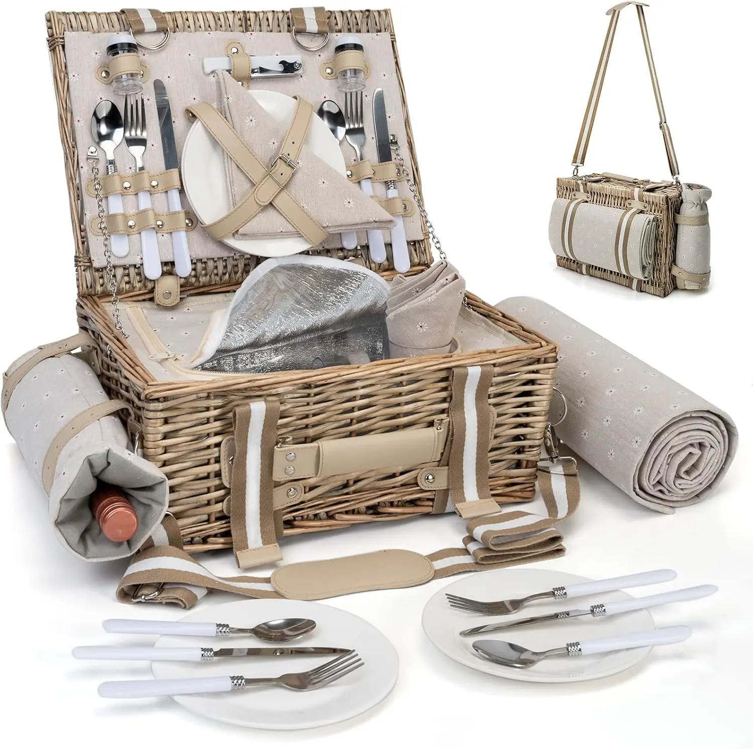 31Pcs Picnic Basket Set for 4 with Insulated Liner, Waterproof Blanket & Wine Pouch, Large Wicker Hamper for Outdoor Couples
31Pcs Picnic Basket Set for 4 with Insulated Liner, Waterproof Blanket & Wine Pouch, Large Wicker Hamper for Outdoor Couples