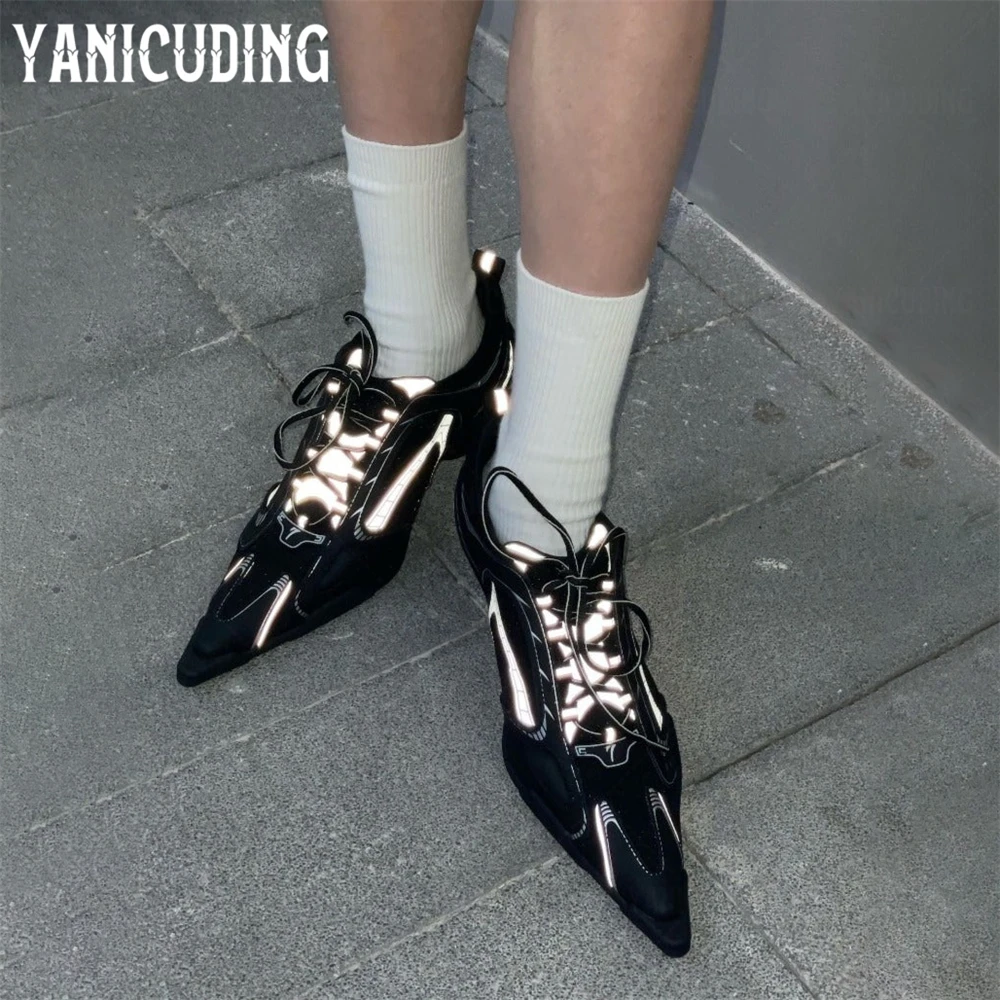 Sports Style Pointed Stiletto Sneakers Novelty Fashion Style High Heel Casual Shoes Silver Reflective Lace-Up Shoes for Women
Sports Style Pointed Stiletto Sneakers Novelty Fashion Style High Heel Casual Shoes Silver Reflective Lace-Up Shoes for Women
