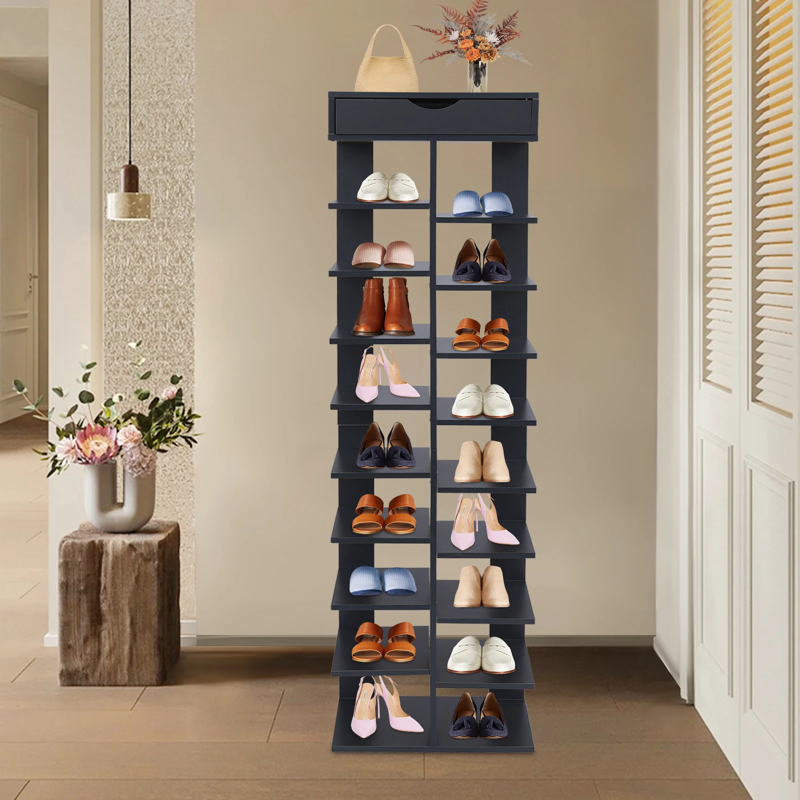 10 Tier Gray/Wood Color Vertical Shoe Rack,40x22x141cm Particle Board Free Standing Shoe Storage Rack for Entrances,Living Rooms
10 Tier Gray/Wood Color Vertical Shoe Rack,40x22x141cm Particle Board Free Standing Shoe Storage Rack for Entrances,Living Rooms