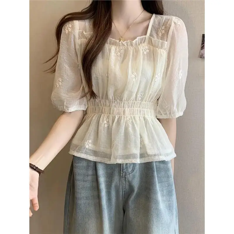 Sweet Style Embroidered Short Sleeve Chiffon Shirt Women's Top French Style round Neck Three-acetate Fiber Summer Shirt
Sweet Style Embroidered Short Sleeve Chiffon Shirt Women's Top French Style round Neck Three-acetate Fiber Summer Shirt