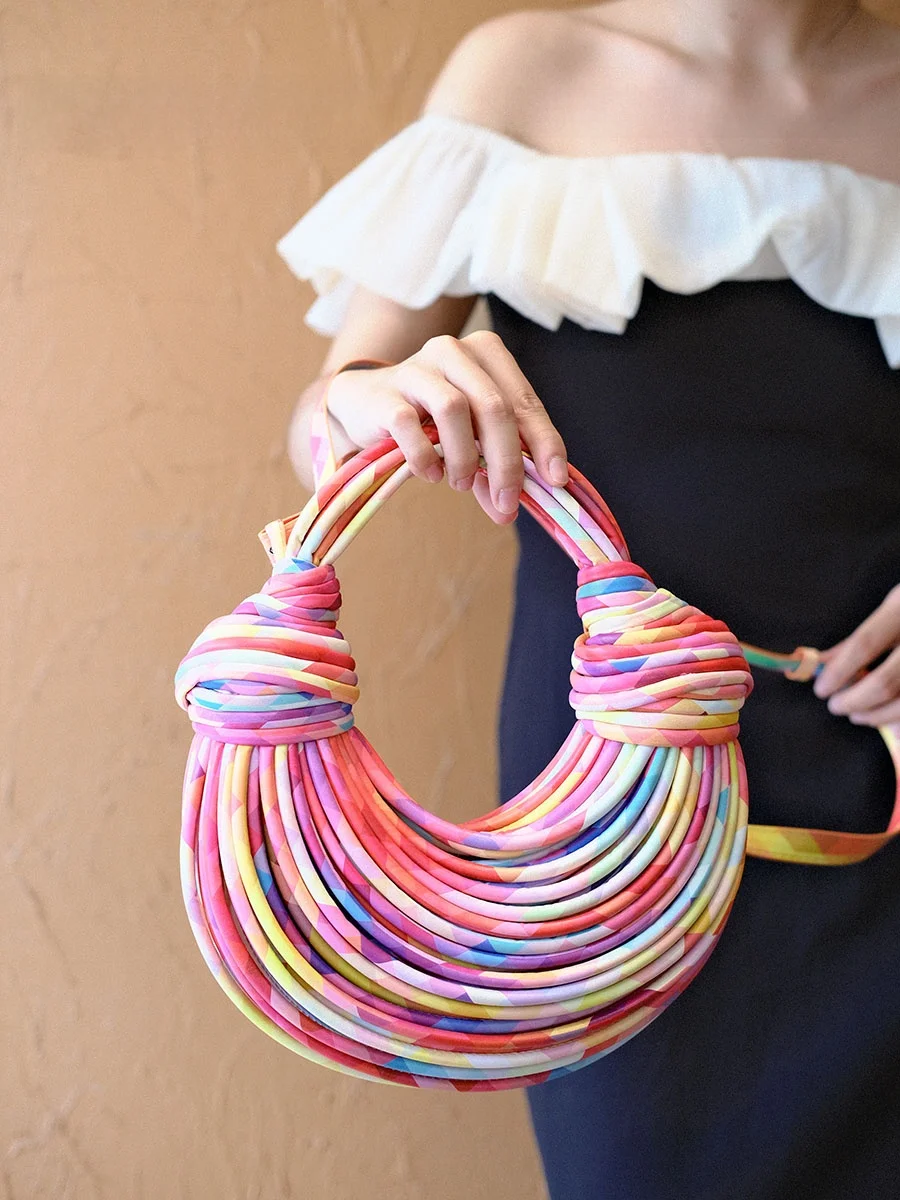 Handcrafted Gradient Color Graffiti Woven Rope Knotted Cloud Dumpling Shape Small Size Crossbody Bag for Youth Party Use
Handcrafted Gradient Color Graffiti Woven Rope Knotted Cloud Dumpling Shape Small Size Crossbody Bag for Youth Party Use