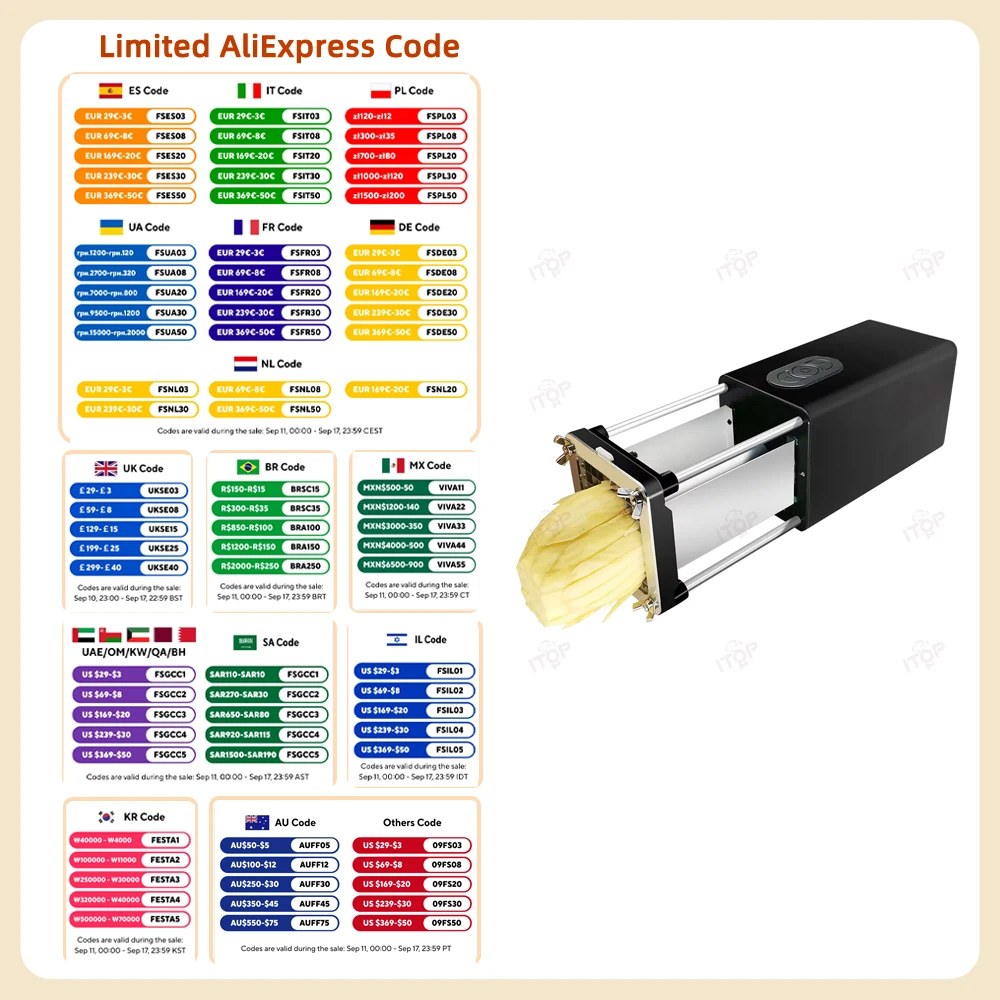 ITOP Electric Potato Chips Cutter French Fries Vegetable Cutting Machine 2 Blades Stainless Steel Durable Power 58W 110V-240V
ITOP Electric Potato Chips Cutter French Fries Vegetable Cutting Machine 2 Blades Stainless Steel Durable Power 58W 110V-240V