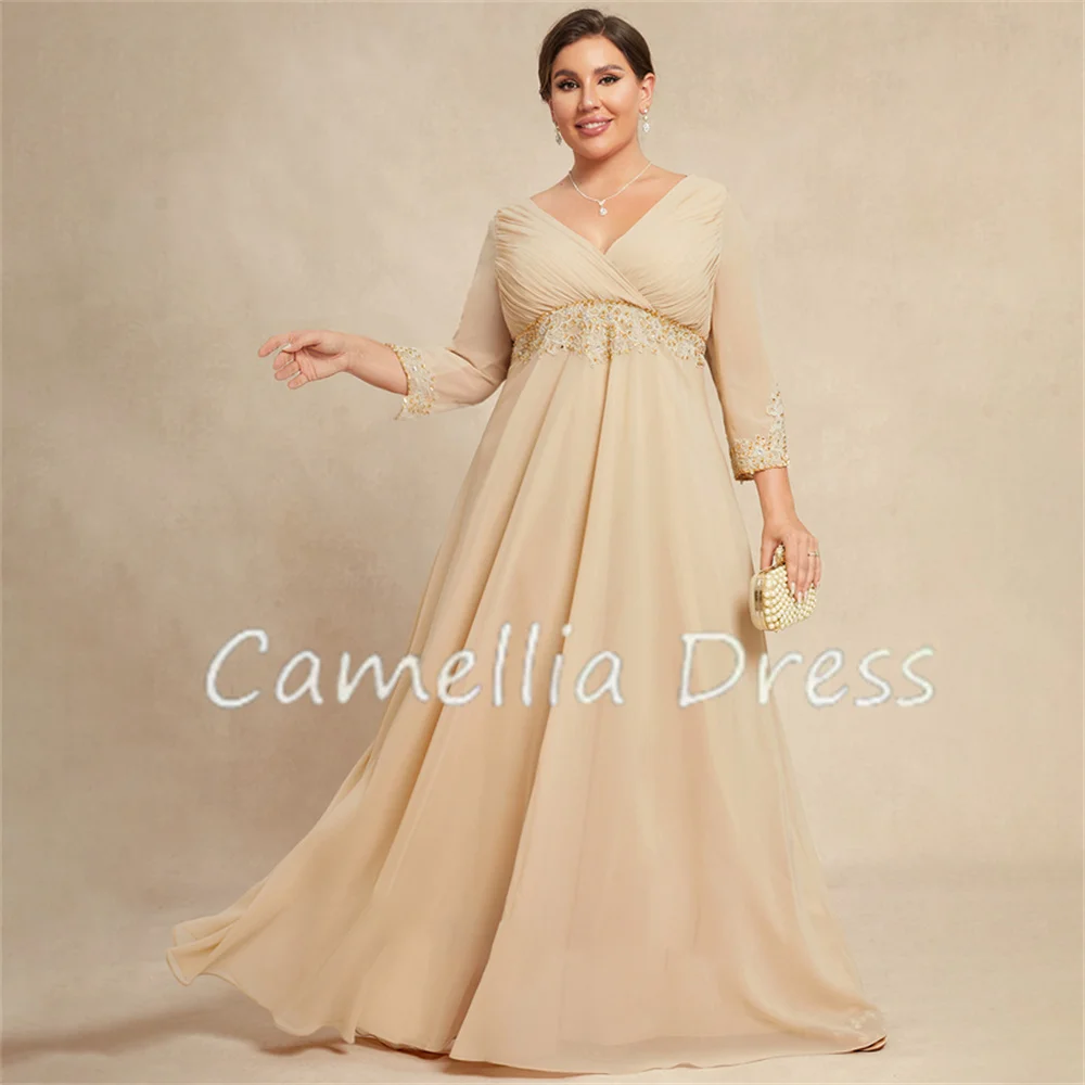 

Empire V-Neck Mother Of The Bride Dress A-line Floor-Length Formal Dresses with Beading Pleated Vestidos Mae Da Noiva Casamentos