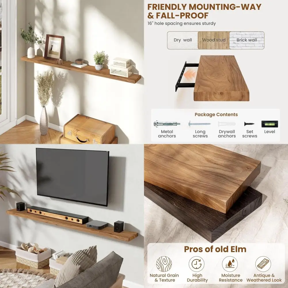 Rustic Solid Elm Wood Floating Shelves - 72 Inch Wall Mounted for Bedroom, Bathroom, Kitchen - Ideal for Books, Decor, Storage,
Rustic Solid Elm Wood Floating Shelves - 72 Inch Wall Mounted for Bedroom, Bathroom, Kitchen - Ideal for Books, Decor, Storage,