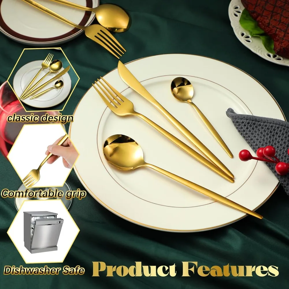 200 Pcs Gold Silverware with Knives Spoons and Forks Portable Stainless Steel Flatware Reusable Utensils Dishwasher Safe Cutlery
200 Pcs Gold Silverware with Knives Spoons and Forks Portable Stainless Steel Flatware Reusable Utensils Dishwasher Safe Cutlery