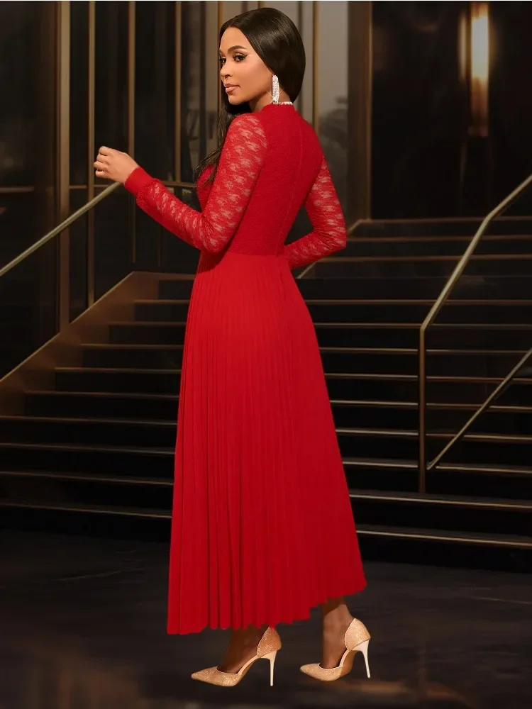 Red Vintage High Neck Patchwork Lace Dress with Bow Tie Long Lantern Sleeves Pleated High Waist Ankle-Length Elegant Women's
Red Vintage High Neck Patchwork Lace Dress with Bow Tie Long Lantern Sleeves Pleated High Waist Ankle-Length Elegant Women's