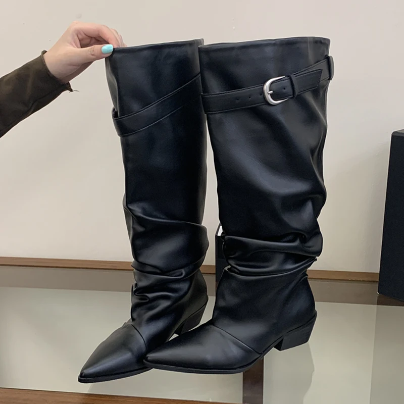 Aneikeh Vintage Western Cowboy Women Knee High Slouch Boots Pointed Toe Metal Buckle Low Heel Faux Leather Stacked Tall Boots
Aneikeh Vintage Western Cowboy Women Knee High Slouch Boots Pointed Toe Metal Buckle Low Heel Faux Leather Stacked Tall Boots