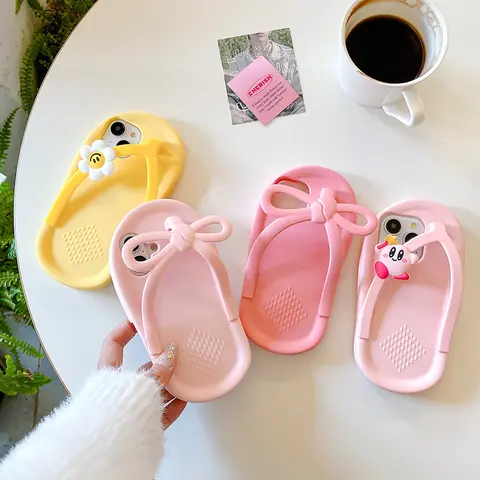 Divertida funda de silicona suave con chanclas de flores 3D para iPhone 16 15 14 13 12 11 Pro Max XR XS X 6 7 8 Plus SE cubierta trasera a prueba de golpes