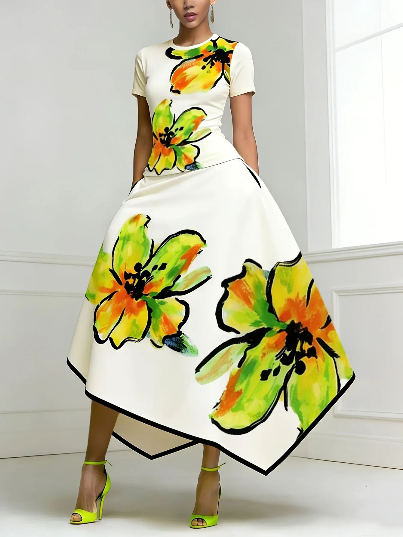 Women's Elegant Floral Printed Evening 2 Piece Set Short Sleeves O-Neck T-Shirt Asymmetric Hem A-Line Midi Skirts Casual Outfit
Women's Elegant Floral Printed Evening 2 Piece Set Short Sleeves O-Neck T-Shirt Asymmetric Hem A-Line Midi Skirts Casual Outfit