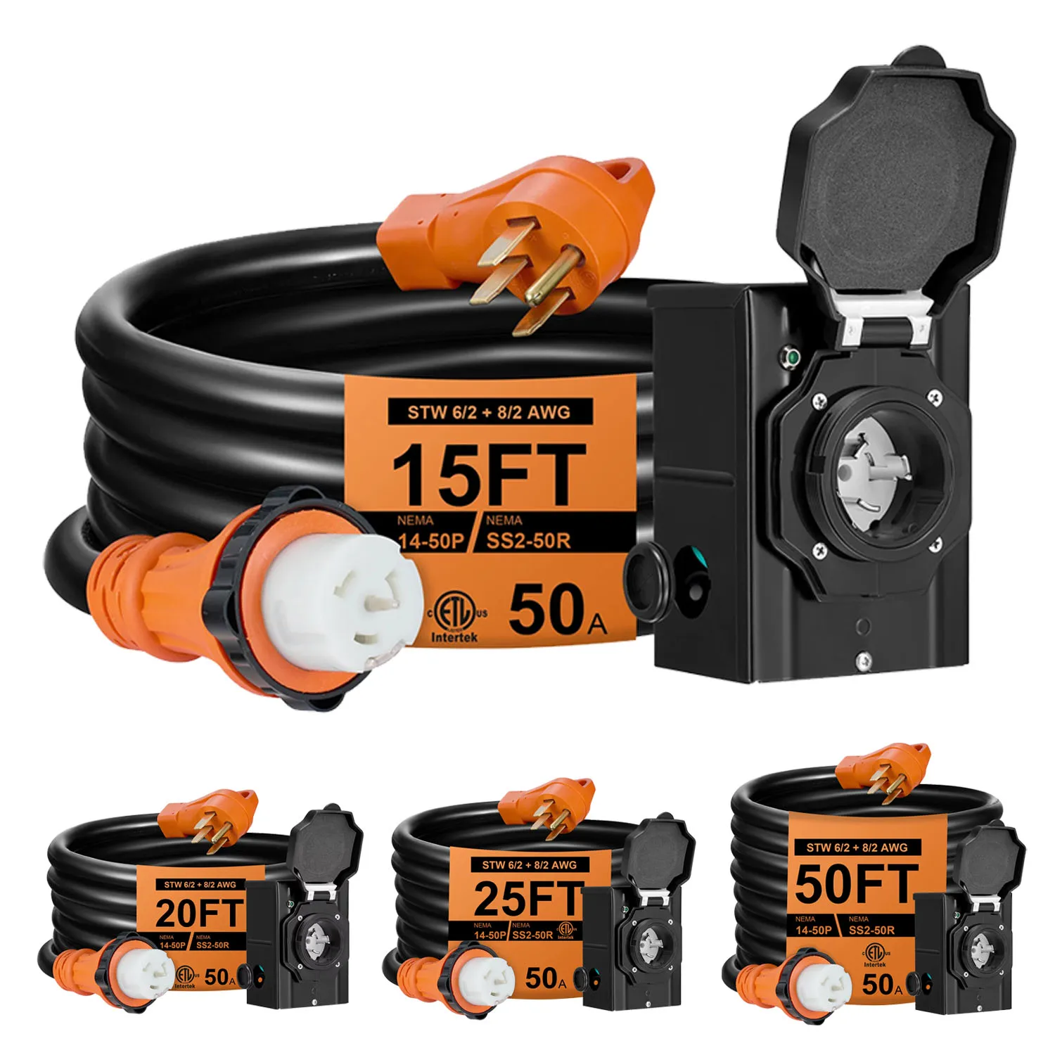 50 Amp RV Heavy Duty Extension Cord,STW ETL Listed, NEMA 14-50P to SS2-50R,15/20/25/50FT Waterproof Power Cord for RV Outdoor
50 Amp RV Heavy Duty Extension Cord,STW ETL Listed, NEMA 14-50P to SS2-50R,15/20/25/50FT Waterproof Power Cord for RV Outdoor