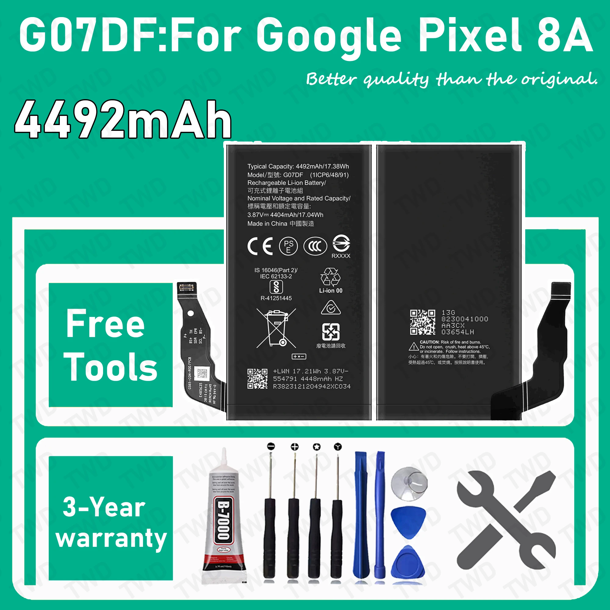 G07DF Large capacity Battery 4492mAh For Google Pixel 8A Batteries New High Quanlity+Free Tools
G07DF Large capacity Battery 4492mAh For Google Pixel 8A Batteries New High Quanlity+Free Tools