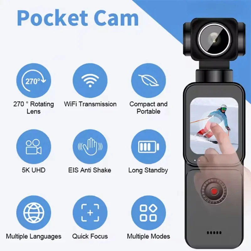 Экшн-камера 5K 30fps Ultra HD с Wi-Fi, 1.69-дюймовым сенсорным экраном и поворотом на 270° ° Поворотная мини-камера для спорта, шлема, путешествий и велосипеда
Экшн-камера 5K 30fps Ultra HD с Wi-Fi, 1.69-дюймовым сенсорным экраном и поворотом на 270° ° Поворотная мини-камера для спорта, шлема, путешествий и велосипеда