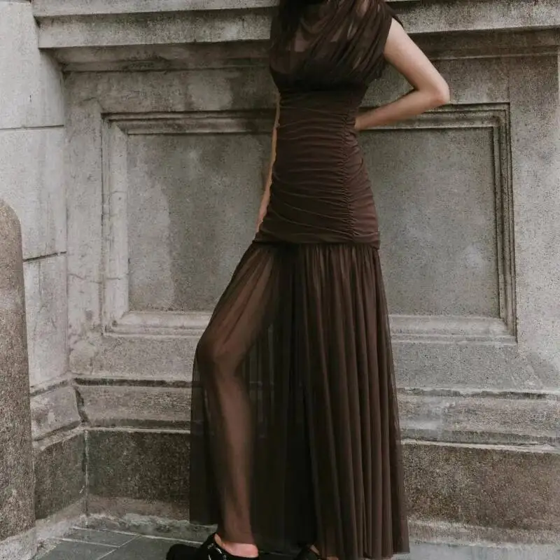 Ruched Party Dresses Tulle Brown Women's Dress Sexy Semi Sheer Cocktail Dresses Sleeveless Bodycon Mesh Maxi Dress Woman
Ruched Party Dresses Tulle Brown Women's Dress Sexy Semi Sheer Cocktail Dresses Sleeveless Bodycon Mesh Maxi Dress Woman