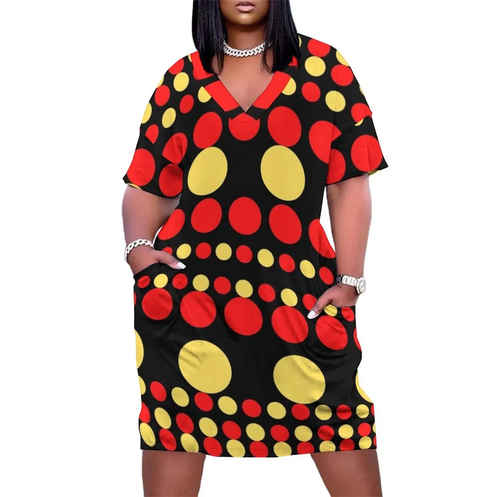 Multi Color Polka Dots - Red Yellow Black Background Loose Pocket Dress dress Women long dress
Multi Color Polka Dots - Red Yellow Black Background Loose Pocket Dress dress Women long dress