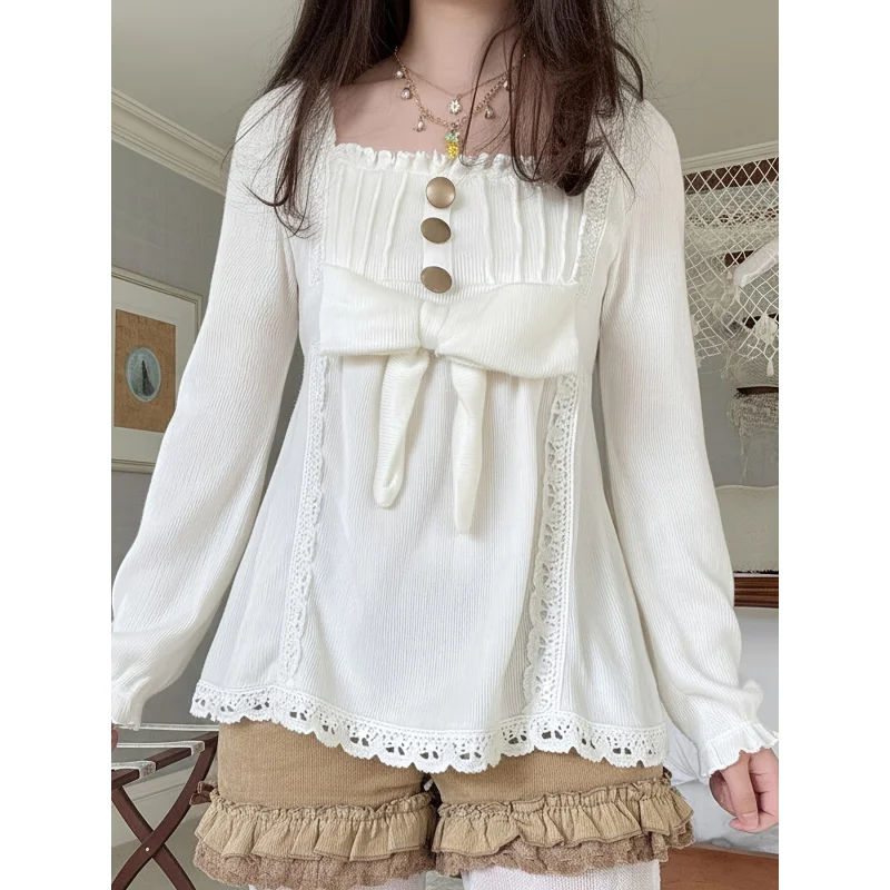 Jacquard Ruffle A-Line-Shirt with Sweet Bow Detail, Square Neck Long Sleeve Top, Style Women's Spring/Autumn Wear
Jacquard Ruffle A-Line-Shirt with Sweet Bow Detail, Square Neck Long Sleeve Top, Style Women's Spring/Autumn Wear