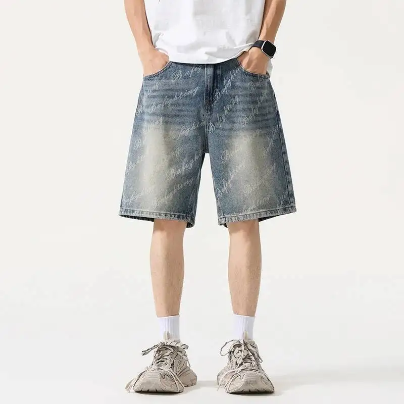 Summer New Vintage Mens' Denim Shorts Fashion Letter Print Versatile Casual Mid Length Pants Loose Wide Leg Bottoms
Summer New Vintage Mens' Denim Shorts Fashion Letter Print Versatile Casual Mid Length Pants Loose Wide Leg Bottoms