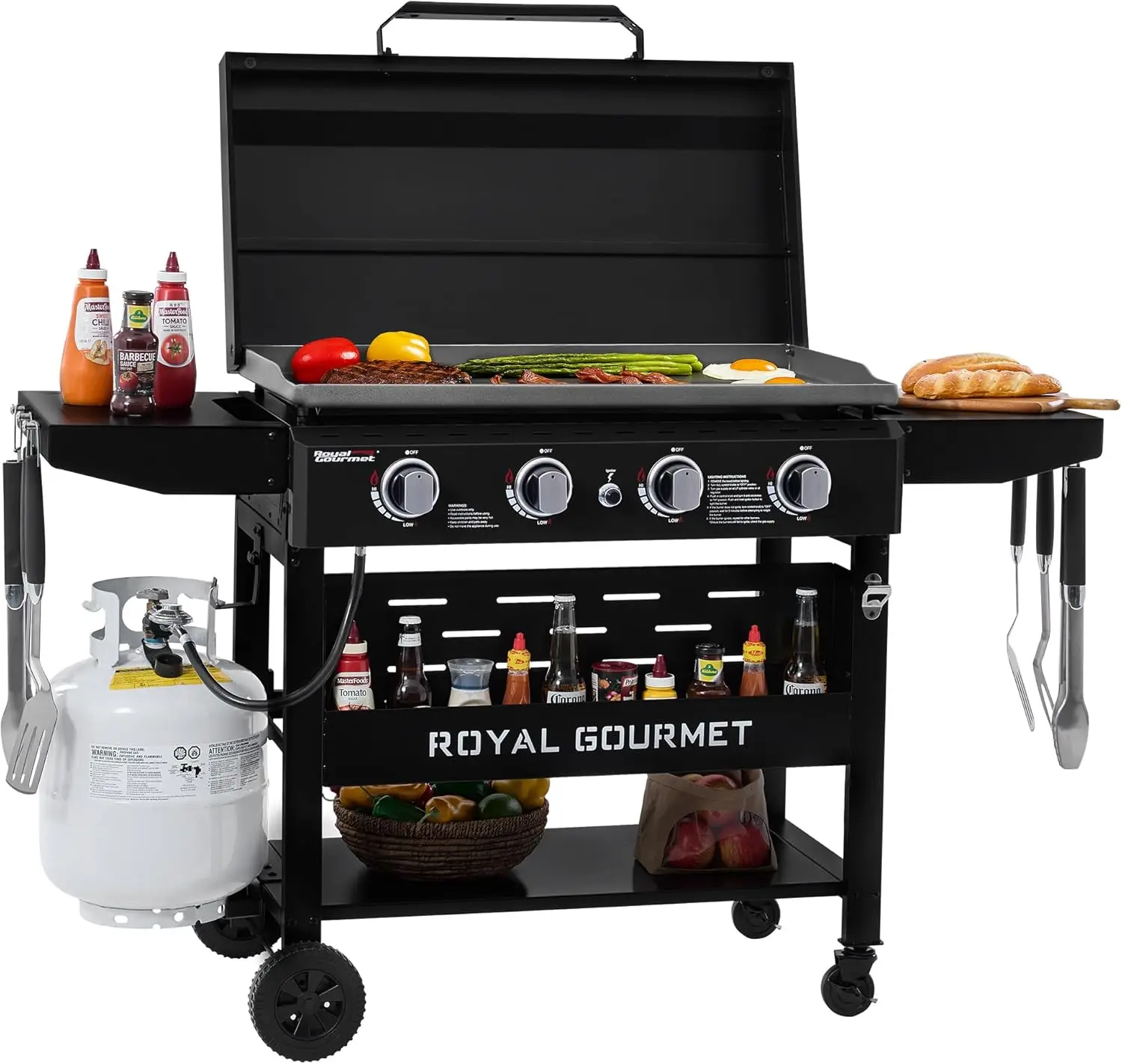 Gas Griddle with Hood, 4-Burner, 52,000 BTU, 582 Sq. In. Cooking Surface, Electronic Ignition, Collapsible Side Tables, Swivel Casters with Brakes, Black
Gas Griddle with Hood, 4-Burner, 52,000 BTU, 582 Sq. In. Cooking Surface, Electronic Ignition, Collapsible Side Tables, Swivel Casters with Brakes, Black